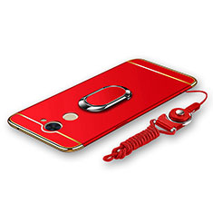 Luxury Metal Frame and Plastic Back Cover with Finger Ring Stand and Lanyard for Huawei Enjoy 7 Plus Red