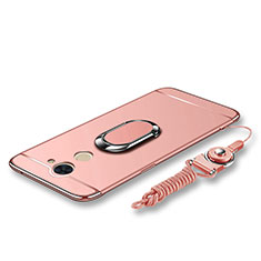 Luxury Metal Frame and Plastic Back Cover with Finger Ring Stand and Lanyard for Huawei Enjoy 7 Plus Rose Gold