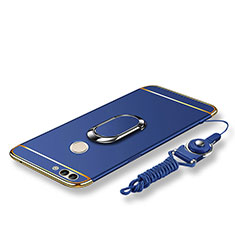 Luxury Metal Frame and Plastic Back Cover with Finger Ring Stand and Lanyard for Huawei Enjoy 7S Blue