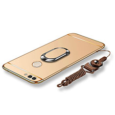 Luxury Metal Frame and Plastic Back Cover with Finger Ring Stand and Lanyard for Huawei Enjoy 7S Gold
