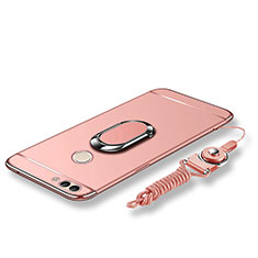 Luxury Metal Frame and Plastic Back Cover with Finger Ring Stand and Lanyard for Huawei Enjoy 7S Rose Gold