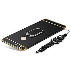 Luxury Metal Frame and Plastic Back Cover with Finger Ring Stand and Lanyard for Huawei Enjoy 8 Plus Black