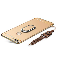 Luxury Metal Frame and Plastic Back Cover with Finger Ring Stand and Lanyard for Huawei Enjoy 8 Plus Gold