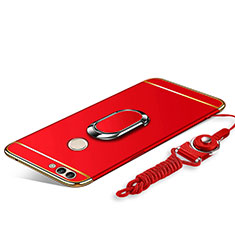 Luxury Metal Frame and Plastic Back Cover with Finger Ring Stand and Lanyard for Huawei Enjoy 8 Plus Red