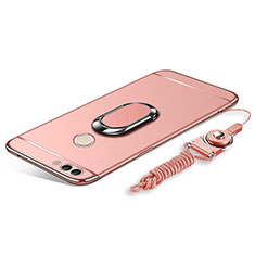 Luxury Metal Frame and Plastic Back Cover with Finger Ring Stand and Lanyard for Huawei Enjoy 8 Plus Rose Gold