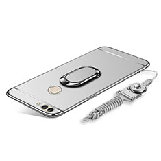 Luxury Metal Frame and Plastic Back Cover with Finger Ring Stand and Lanyard for Huawei Enjoy 8 Plus Silver
