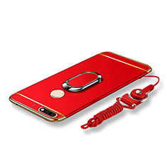 Luxury Metal Frame and Plastic Back Cover with Finger Ring Stand and Lanyard for Huawei Enjoy 8 Red
