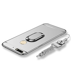 Luxury Metal Frame and Plastic Back Cover with Finger Ring Stand and Lanyard for Huawei Enjoy 8 Silver