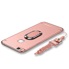 Luxury Metal Frame and Plastic Back Cover with Finger Ring Stand and Lanyard for Huawei G9 Lite Rose Gold