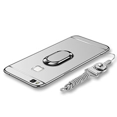 Luxury Metal Frame and Plastic Back Cover with Finger Ring Stand and Lanyard for Huawei G9 Lite Silver
