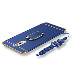Luxury Metal Frame and Plastic Back Cover with Finger Ring Stand and Lanyard for Huawei GR5 (2017) Blue