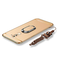 Luxury Metal Frame and Plastic Back Cover with Finger Ring Stand and Lanyard for Huawei GR5 (2017) Gold