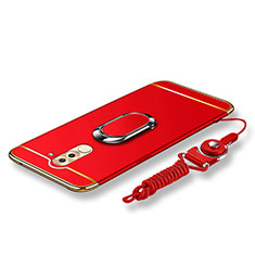Luxury Metal Frame and Plastic Back Cover with Finger Ring Stand and Lanyard for Huawei GR5 (2017) Red
