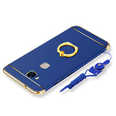 Luxury Metal Frame and Plastic Back Cover with Finger Ring Stand and Lanyard for Huawei GR5 Blue