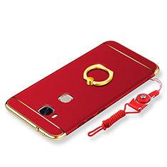 Luxury Metal Frame and Plastic Back Cover with Finger Ring Stand and Lanyard for Huawei Honor 5X Red