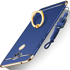 Luxury Metal Frame and Plastic Back Cover with Finger Ring Stand and Lanyard for Huawei Honor 6A Blue
