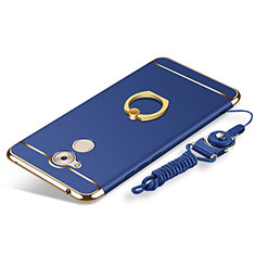 Luxury Metal Frame and Plastic Back Cover with Finger Ring Stand and Lanyard for Huawei Honor 6C Blue