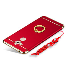 Luxury Metal Frame and Plastic Back Cover with Finger Ring Stand and Lanyard for Huawei Honor 6C Red