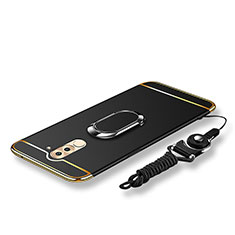 Luxury Metal Frame and Plastic Back Cover with Finger Ring Stand and Lanyard for Huawei Honor 6X Black