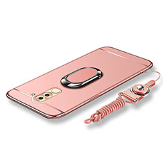 Luxury Metal Frame and Plastic Back Cover with Finger Ring Stand and Lanyard for Huawei Honor 6X Pro Rose Gold
