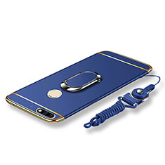 Luxury Metal Frame and Plastic Back Cover with Finger Ring Stand and Lanyard for Huawei Honor 7C Blue