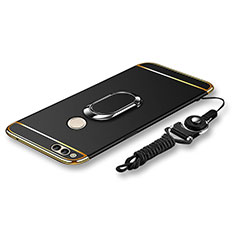 Luxury Metal Frame and Plastic Back Cover with Finger Ring Stand and Lanyard for Huawei Honor 7X Black