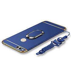 Luxury Metal Frame and Plastic Back Cover with Finger Ring Stand and Lanyard for Huawei Honor 7X Blue