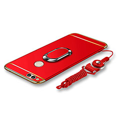 Luxury Metal Frame and Plastic Back Cover with Finger Ring Stand and Lanyard for Huawei Honor 7X Red
