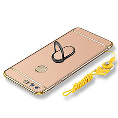 Luxury Metal Frame and Plastic Back Cover with Finger Ring Stand and Lanyard for Huawei Honor 8 Gold