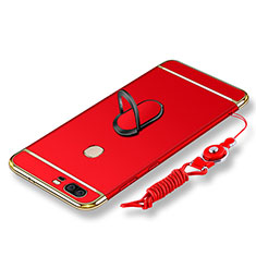 Luxury Metal Frame and Plastic Back Cover with Finger Ring Stand and Lanyard for Huawei Honor 8 Red