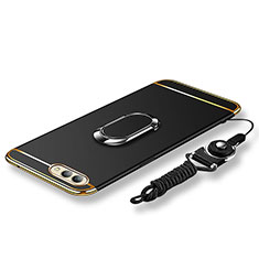 Luxury Metal Frame and Plastic Back Cover with Finger Ring Stand and Lanyard for Huawei Honor V10 Black