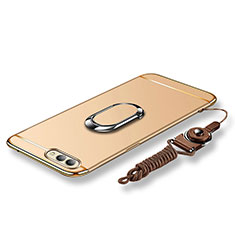Luxury Metal Frame and Plastic Back Cover with Finger Ring Stand and Lanyard for Huawei Honor V10 Gold