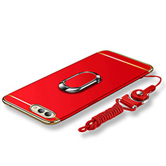 Luxury Metal Frame and Plastic Back Cover with Finger Ring Stand and Lanyard for Huawei Honor V10 Red