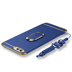 Luxury Metal Frame and Plastic Back Cover with Finger Ring Stand and Lanyard for Huawei Honor View 10 Blue