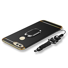 Luxury Metal Frame and Plastic Back Cover with Finger Ring Stand and Lanyard for Huawei Nova 2 Plus Black