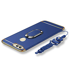 Luxury Metal Frame and Plastic Back Cover with Finger Ring Stand and Lanyard for Huawei Nova 2 Plus Blue