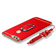 Luxury Metal Frame and Plastic Back Cover with Finger Ring Stand and Lanyard for Huawei Nova 2 Plus Red