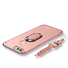 Luxury Metal Frame and Plastic Back Cover with Finger Ring Stand and Lanyard for Huawei Nova 2 Plus Rose Gold