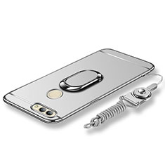 Luxury Metal Frame and Plastic Back Cover with Finger Ring Stand and Lanyard for Huawei Nova 2 Plus Silver
