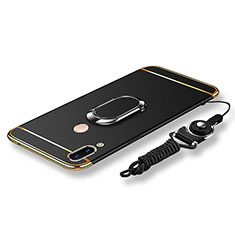 Luxury Metal Frame and Plastic Back Cover with Finger Ring Stand and Lanyard for Huawei Nova 3e Black