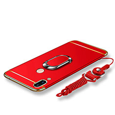 Luxury Metal Frame and Plastic Back Cover with Finger Ring Stand and Lanyard for Huawei Nova 3e Red