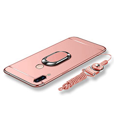 Luxury Metal Frame and Plastic Back Cover with Finger Ring Stand and Lanyard for Huawei Nova 3e Rose Gold