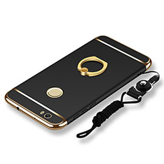 Luxury Metal Frame and Plastic Back Cover with Finger Ring Stand and Lanyard for Huawei Nova Black