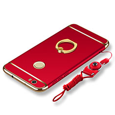 Luxury Metal Frame and Plastic Back Cover with Finger Ring Stand and Lanyard for Huawei Nova Red