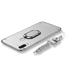 Luxury Metal Frame and Plastic Back Cover with Finger Ring Stand and Lanyard for Huawei P20 Lite Silver