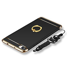 Luxury Metal Frame and Plastic Back Cover with Finger Ring Stand and Lanyard for Huawei P8 Lite Black