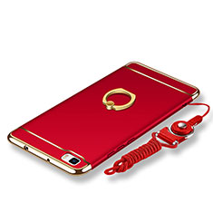 Luxury Metal Frame and Plastic Back Cover with Finger Ring Stand and Lanyard for Huawei P8 Lite Red
