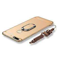 Luxury Metal Frame and Plastic Back Cover with Finger Ring Stand and Lanyard for Huawei Y7 (2018) Gold