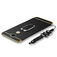 Luxury Metal Frame and Plastic Back Cover with Finger Ring Stand and Lanyard for Huawei Y7 Prime Black