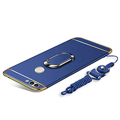Luxury Metal Frame and Plastic Back Cover with Finger Ring Stand and Lanyard for Huawei Y9 (2018) Blue